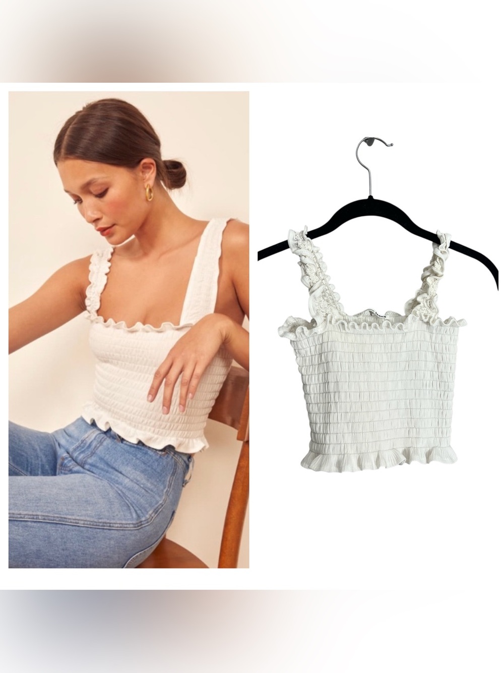Reformation Leonore cropped smocked tank white ruffle trim lettuce hem sz S